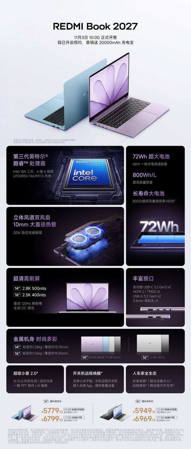 小米REDMI Book 14/16 2027笔记本发布，6799元起